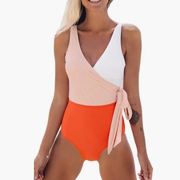 Monokini Women's One Piece Swimsuit Wrap Color Block Tie Side Bathing Suit - Picture 1 of 5